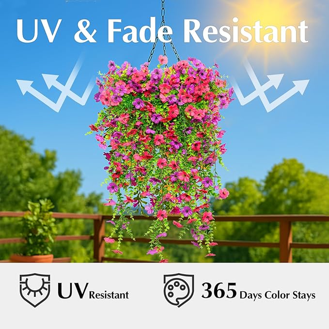 8PCS Artificial Hanging Flowers for Outdoors,Hanging Outdoor Faux Plants,UV Resistant Fake Flowers for Outdoor Planters,Realistic Fake Plants Spring Decor for Porch,Patio,Yard (RedPurple)