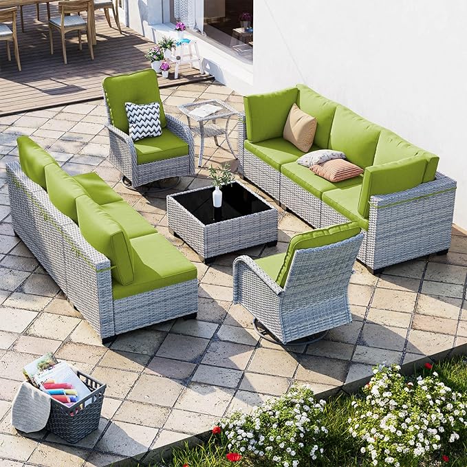 10-Piece Patio Furniture Set, Outdoor Patio Furniture with Swivel Chairs Set, Thick Cushions, Modular Patio Sofa, Dual-Strand Rattan, Rust-Resistant Frame, Grass Green