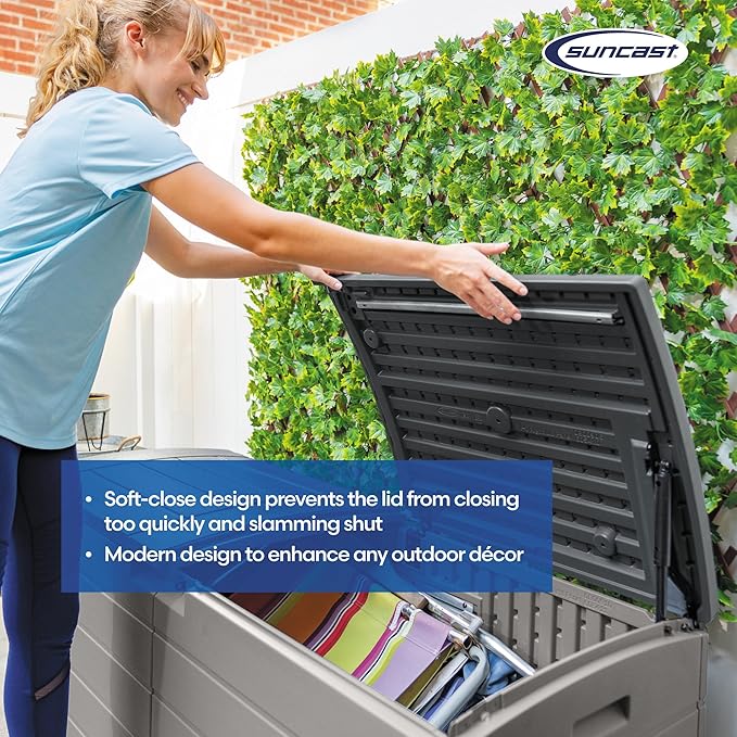 Suncast 120-Gal. All-Weather Patio Deck Box with Pad-Lockable Split Top Lid, Extra-Large Outdoor Storage Unit for Patio Furniture and Grill Tools, Made in the USA