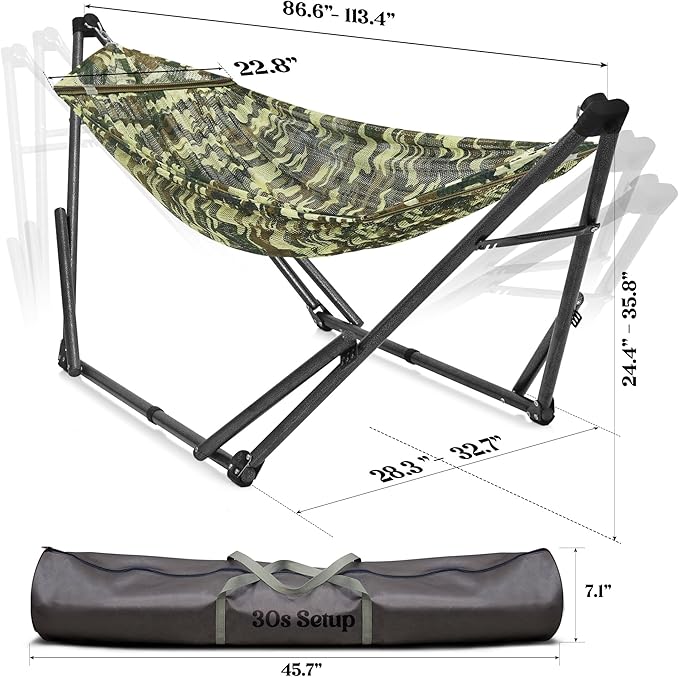Tranquillo Uniki 550 lbs Capacity Hammock 3-Year Warranty 30s Folding Camping Hammock with Stand, Portable Hammock for Indoor Outdoor, Instant Setup No Screws Needed, Camo