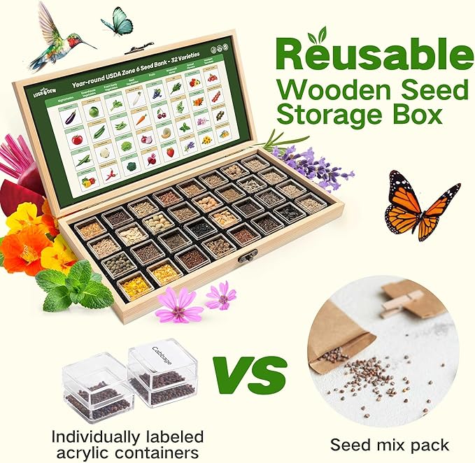 Lush&Dew Year-Round USDA Zone 6 Heirloom Survival Seed Kit, 32 Varieties 32,000+ Seeds for Planting Vegetables Herbs, Gardening Gifts for Women Men, Raised Garden Bed, Greenhouse Indoor Outdoor