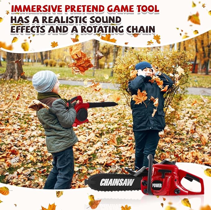 2 Pcs Toy Gardening Tool Set for Kids Leaf Blower, Toy Chainsaw Battery Powered Gardening Tool Set with Lights and Sounds Gift for Boys Girls