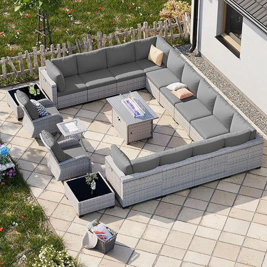 18-Piece Patio Furniture Set, Outdoor Patio Furniture with 55,000 BTU Fire Pit Table, Swivel Chairs Set, Thick Cushions, Modular Patio Sofa, Dual-Strand Wicker Rattan, Rust-Resistant Frame,Grey