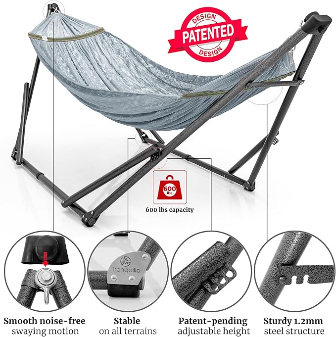 Tranquillo Combo x2 Hammocks with Stand for Outside & Tree Straps, Heavy Duty Hammock with Stand 600lbs for Indoor Outdoor Patio Backyard, x2 Hammocks for 2 Person, Portable Carrying Bags, Gray
