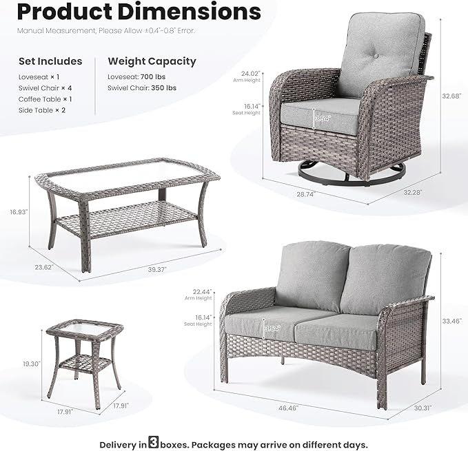 ovios 8 Pieces Patio Furniture Set, Outdoor Wicker Sofa with Swivel Chairs, Coffee Table, All Weather High Back Rattan Loveseat Couch with Comfy Cushions, Dark Grey