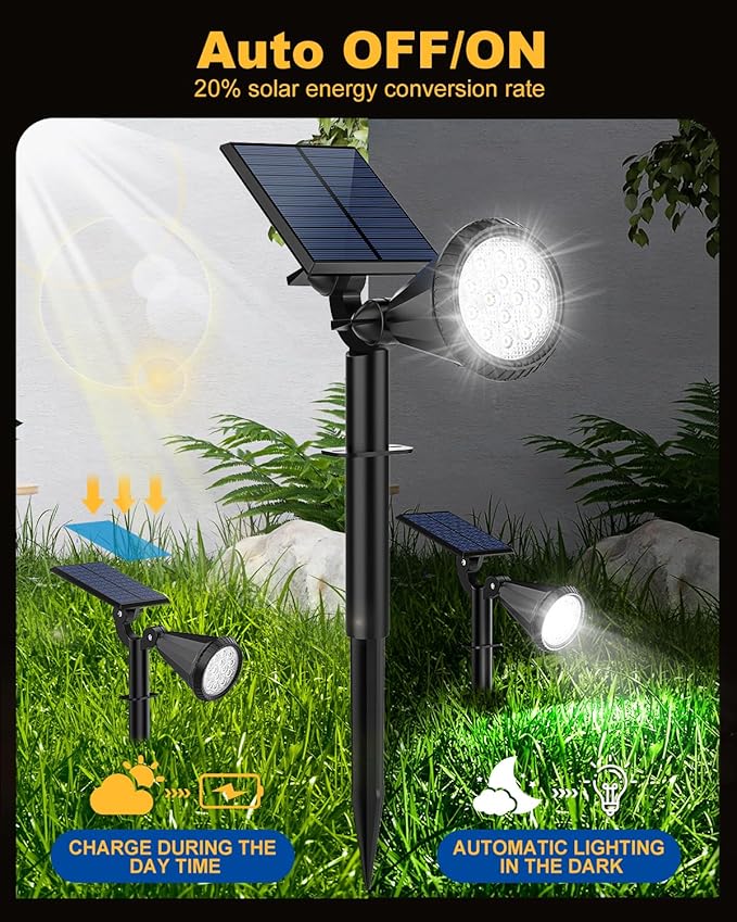 Solar Spot Lights Outdoor, 14 LED Outdoor Solar Lights for Yard, 4 Mode Solar Spotlights with Auto On/Off, 2-in-1 Waterproof Solar Landscape Lights for Flood, Wall, Yard, 2 Pack (Cool White)