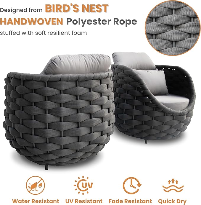 4 Pcs Woven Rope Outdoor Chair: Aluminum Patio Accent Chair with Arms - Assembled Cushioned Lounge Chair For 400lbs - Morden Porch Furniture Seating for Deck Balcony Garden Backyard Hotel Resort