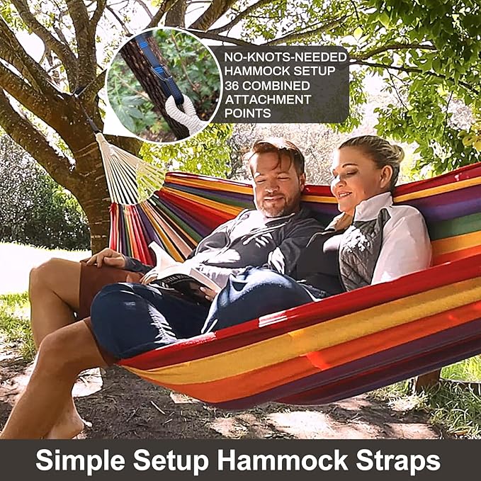 Brazilian Double Hammock with Tree Straps,Extra Large 94x63IN,2 Persons Hammock for Backyard Patio Outdoor and Indoor,450lbs Weight Capacity,Soft Woven Cotton Fabric - Black Stripe