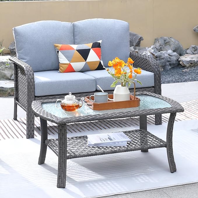 ovios 2 Pieces Patio Furniture Set, Outdoor Wicker Sofa with Glass Coffee Table, All Weather High Back Rattan Loveseat Couch 2 Seats with Comfy Cushions, Grey