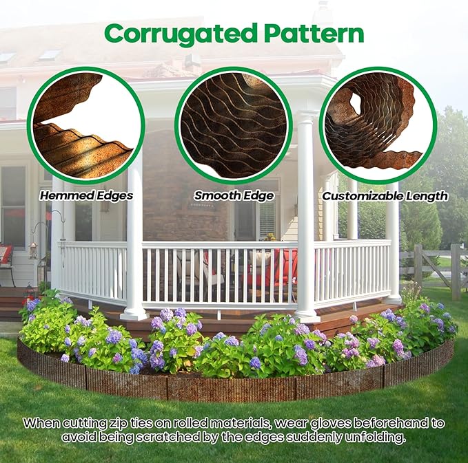 Corrugated Metal Garden Edging, Sturdy Tall Landscape Edging Borders, Perfect DIY for Flower Beds, Lawn and Pathway,Tree Surrounds,Paver Edges (Pre-Rusted, 8"×20FT)