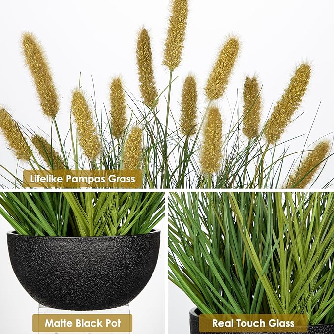 Artificial Plants Indoor with Pot, 17.3" Fake Potted Plants Artificial Onion Grass Plant with Coffee Dog Tail Grass Small Faux Plant Indoor for Home Living Room Table Shelf Decor