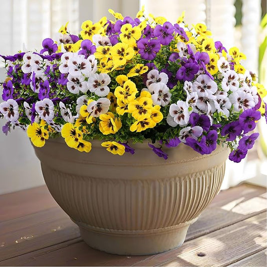 18 Bundles Artificial Fake Pansy Flowers for Outdoor, Faux UV Resistant Silk Pansies Flowers for Outside Planter Front Door Porch Yard Patio Window Box Home Decor (18, Purple, Yellow, White)