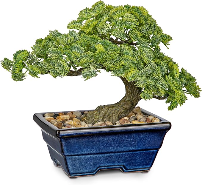 Artificial Bonsai Tree Faux Plants Indoor Fake Plants Decor with Blue Ceramic Pots for Home Table Office Desk Bathroom Shelf Bedroom Living Room Farmhouse Decor