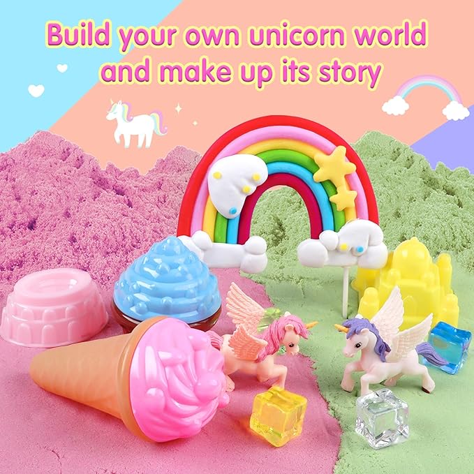 Unicorn Sensory Sand Bin Kit for Girls, Magic Art Unicorn Castle Ice Cream Molds, 2.2lbs Colorful Play Sand, Tools Sandbox with Lid – Great Christmas Birthday Magic Sand Gift for Toddlers 3 4 5 6 7 8