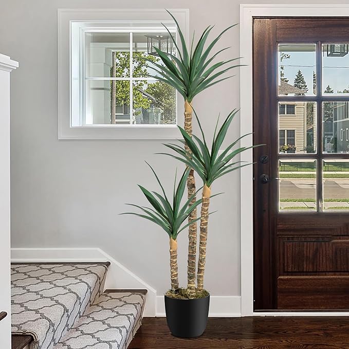 6FT Artificial Tree 2 Pack Faux Agave Plant Indoor, Tall Faux Plant with 3 Heads in Potted Silk Fake Tree for Home Living Rome Office Decor Housewarming Gifts