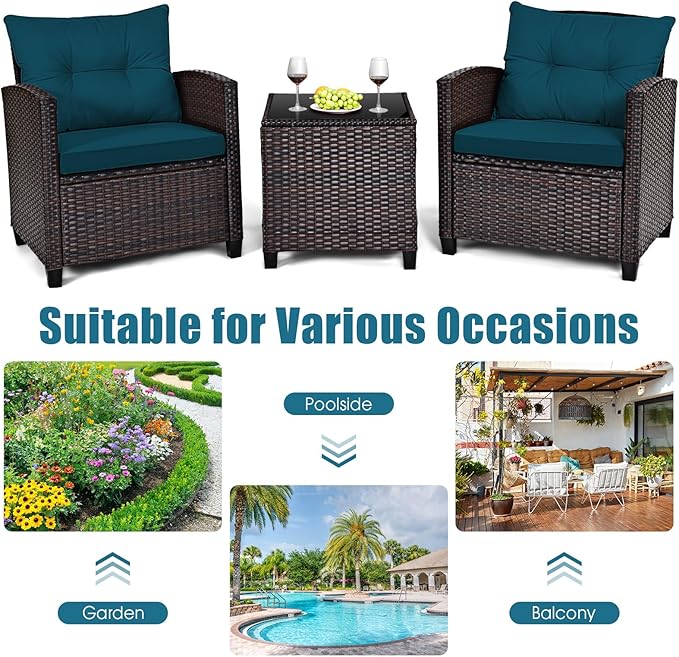 HAPPYGRILL 3 Pieces Patio Conversation Set, Outdoor Furniture Set PE Rattan Sofa Set with Removable Cushions, PE Wicker Chairs with Tempered Glass Side Table for Porch Lawn Garden Balcony Backyard
