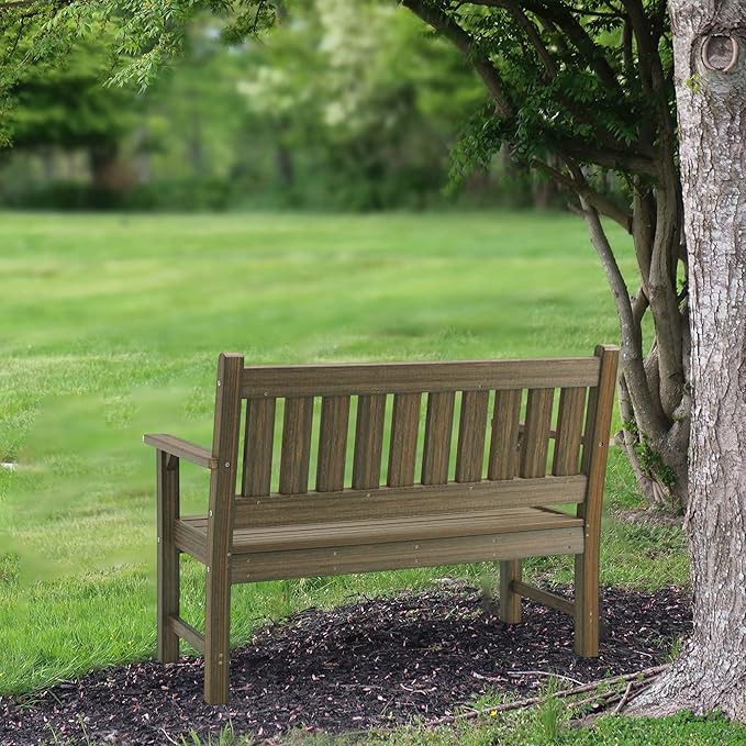 Outdoor Bench, 2-Person Garden Bench, Poly Lumber Patio Bench for Outdoors, Porch, and Park (Light Brown)