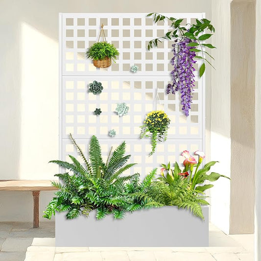 Metal Planter Box with Trellis & Wheels, Raised Garden Bed with Privacy Screen, Outdoor Standing Flower Beds with Drainage Hole for Climbing Plants, Vine, 47" Lx16 Wx71 H