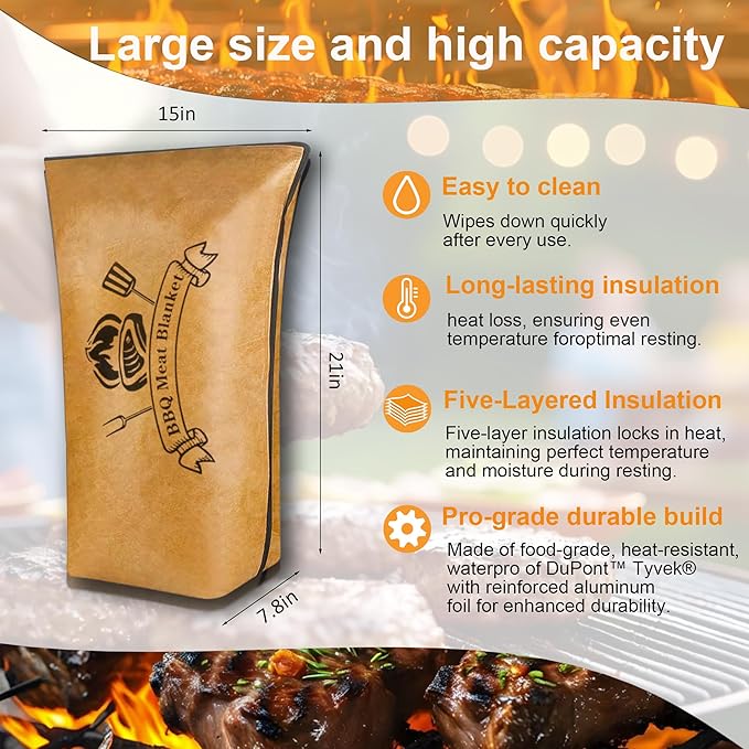 BBQ Blanket for Resting Meat, Heavy-Duty Waterproof Smoker Blanket for Briskets Pork Shoulders Turkey, to Keep Juicy & Tender, Reusable Portable for Grilling Smoking Camping (15in)
