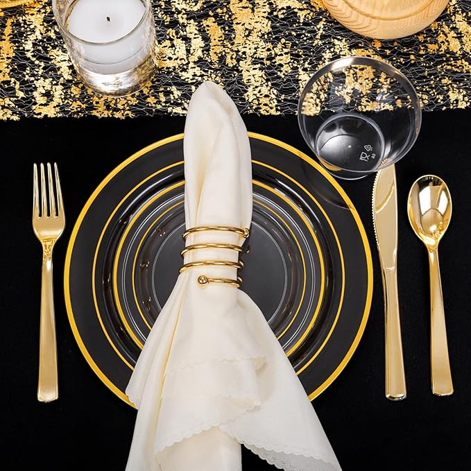 WELLIFE 600pc Gold Trim Plastic Dinnerware Set for Party: 100 Dinner Plates, 100 Dessert Plates, 300 Cutlery