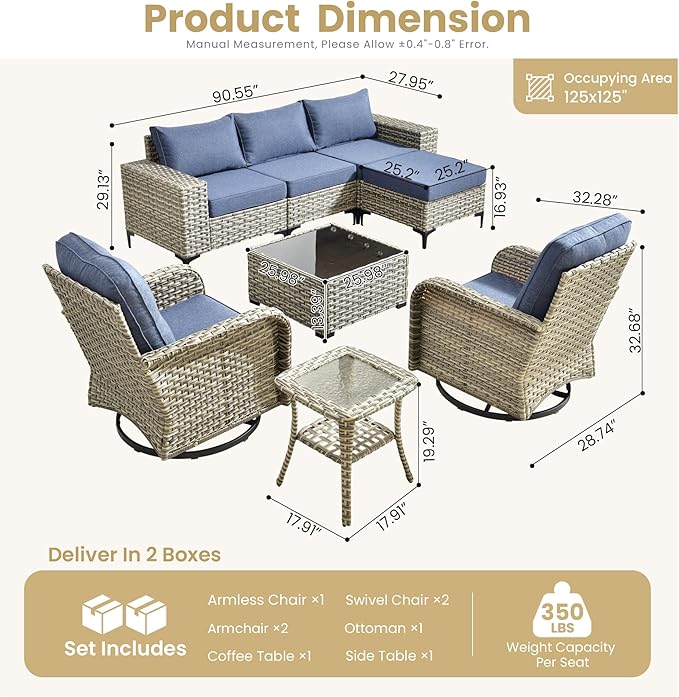HOOOWOOO Outdoor Sectional Furniture Set,8 Pieces Wicker Patio Conversation Sets,L Shape All Weather Outside Couch Sofa Set with Swivel Rocking Chairs Ottoman,Denim Blue