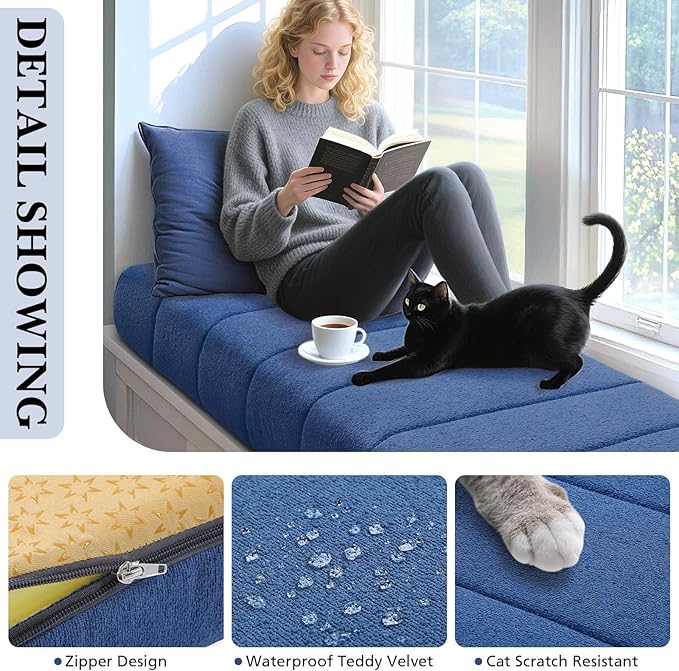 Wenqik Bench Cushion 42x16x4 Inch for Indoor Outdoor Furniture Tufted Thicken Bay Window Seat Cushion Non Slip Waterproof Dining Piano Bench Pad Pillow Anti Cat Scratch for Patio Porch Swing, Blue