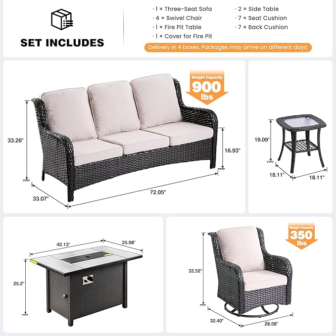 ovios 8 Pieces Patio Furniture Set, Outdoor Wicker Sofa Couch with Swivel Chairs 42" Fire Pit Table, All Weather High Back Modern Conversation Sets, Brown Rattan, Beige