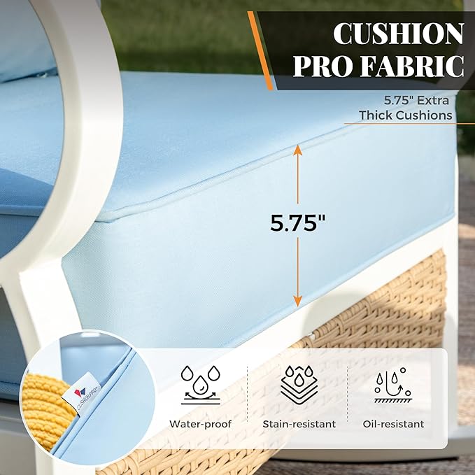 5 Piece Patio Furniture Set, 2 x Rocking Chair, 1 x 2-Seat Sofa, 1 x 3-Seat Sofa with Marbling Coffee Table, All Cushioned 7 Seats Outdoor Conversation Set for Lawn Garden Backyard, Blue