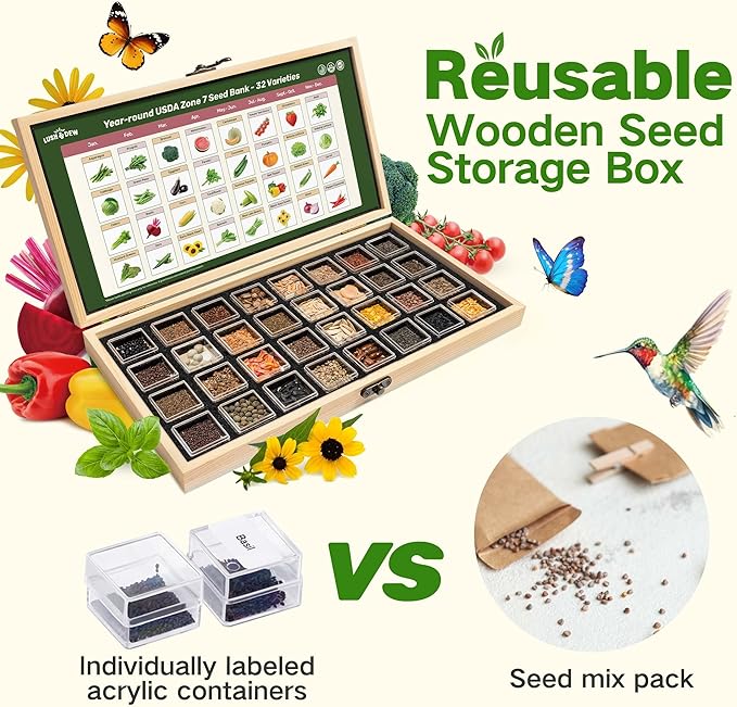 Lush&Dew Year-Round USDA Zone 7 Seed Bank, Gift for Mom Dad, 32 Varieties Non-GMO Heirloom Seeds of Vegetables, Flowers, Gardening Gifts for Women Men, Survival Kit for Raised Garden Bed, Greenhouse