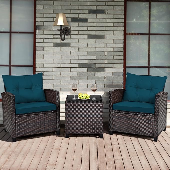 HAPPYGRILL 3 Pieces Patio Conversation Set, Outdoor Furniture Set PE Rattan Sofa Set with Removable Cushions, PE Wicker Chairs with Tempered Glass Side Table for Porch Lawn Garden Balcony Backyard