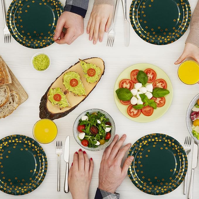 75PCS Paper Plates and Napkins Set - Green and Gold Dot Disposable Party Dinnerware Includes Paper Plates, Napkins, Forks Decorations for Father's Day Graduations Birthdays and Weddings, Serves 25