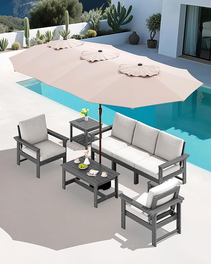 SERWALL HDPE Patio Furniture Set with 15FT Double Side Patio Umbrella, 7-Piece Outdoor Modular Sectional Sofa Set, All Weather Patio Couch Set for Deck, Lawn, Gray & Beige（Umbreall Base not Included）