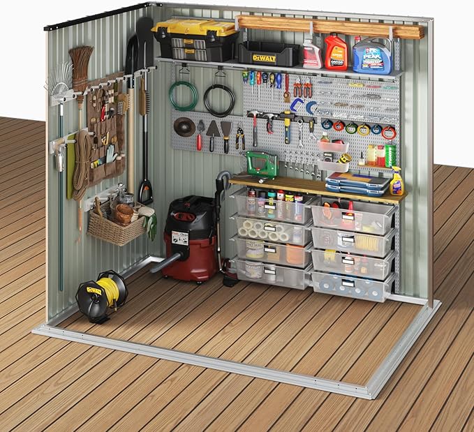 Aoxun 7x5 FT Lean to Shed Garden Metal Storage Shed with Lockable Doors Outdoor Bike Shed for Backyard, Patio, Poolside (Brown)