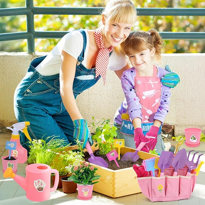 CUTE STONE Kids Gardening Set, Garden Toys with Metal Kids Rake, Shovel, Trowel, Watering Can, Gloves, Tote Bag, Gardening Kit for Toddlers, Outdoor Playset Spring Summer Toys for Girls Boys