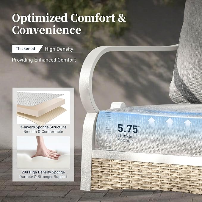 6 Piece Metal Outdoor Patio Furniture Set, Patio Conversation Sets 1 3-Seater Sofa, 4 Single Sofa with 5.75" Extra Thick Cushion and Coffee Table, White Frame Backyard Furniture, Gray