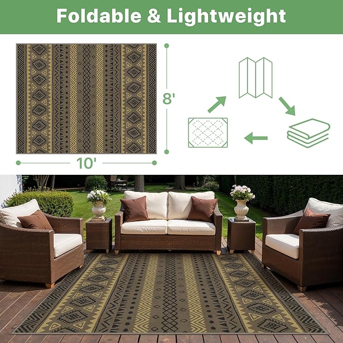 GENIMO Outdoor Rug for Patio Clearance, 8'x10' Reversible Plastic Straw Rugs, Lightweight Waterproof RV Camping Mat for Camper, Balcony, Deck, Backyard, Picnic, CoffeeBeige