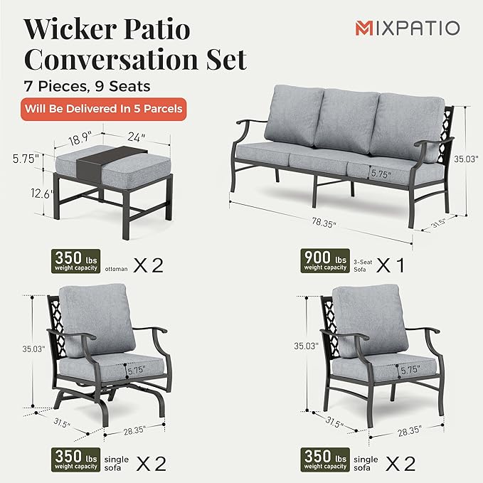 Patio Furniture Set 7 pcs, Outdoor Patio Furniture, 3-Seat Sofa, 2 Single Chairs, 2 Rocking Chairs, 2 Ottomans and 5.75" Extra Thick Cushion, Patio Conversation Set for Backyard Deck,Grey