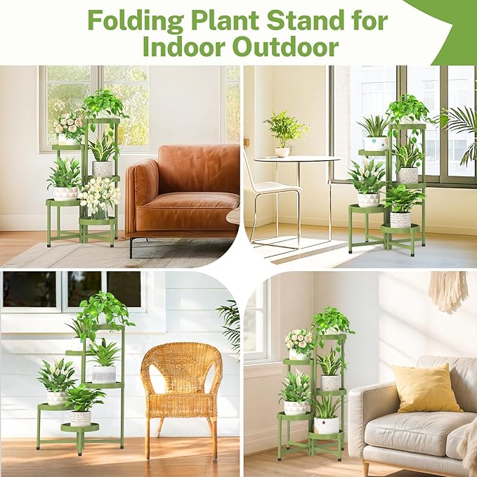 iDavosic.ly 5 Tier Folding Plant Stand Indoor Outdoor with Plastic Tray, Tiered Corner Flower Holder Shelf, Metal Orchid Display Rack for Patio Porch Living Room Garden Balcony, Green