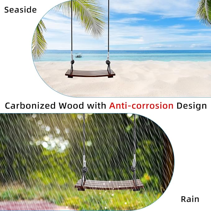 PELLOR Wood Swing Seat, Carbonized Hanging Wood Tree Swing 16.9 x7.9 x0.5 in for Adult Kids Children Anticorrosive & 100% Waterproof Wooden Swing Set 440lbs Load Indoor Outdoor Backyard Play
