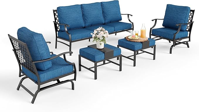 Patio Furniture Set 5 pcs, Outdoor Patio Furniture, 3-Seat Sofa, 2 Rocking Chairs, 2 Ottomans and 5.75" Extra Thick Cushion, Conversation Set for Backyard Deck,Gemstone Blue
