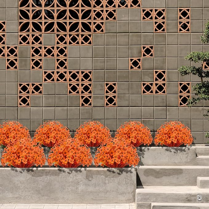 15 Bundles Artificial Flowers Outdoor UV Resistant Fake Silk Plants Plastic Faux Shrubs Outside Front Porch Window Box Garden Home Hanging Planter Decoration (Autumn Orange)