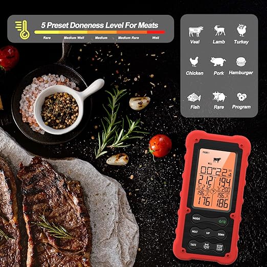 Digital Meat Thermometer - Cooking Food Oven BBQ Smoker Grill Thermometer for Grilling Smoking - Wireless Meat Thermometer with 4 Temperature Probes