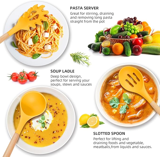 Silicone Cooking Utensils, 12 Pcs Kitchen Utensil Set 446°F Heat Resistant,Turner Tongs Spatula Spoon Brush Whisk with Wooden Handles, Blue Kitchen Gadgets Tools Set for Nonstick Cookware (BPA Free)