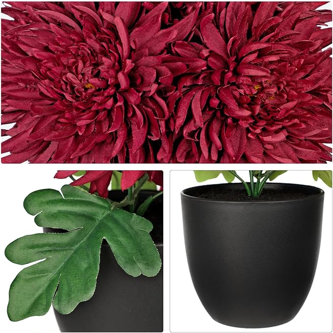 Hollyone Artificial Mums Flowers in Vase Faux Chrysanthemum Silk Flower Potted Plant Fake Plants & Flowers with Pot Floral Arrangements Bouquets Pincushion Spider Mum Flower Home Decor Red