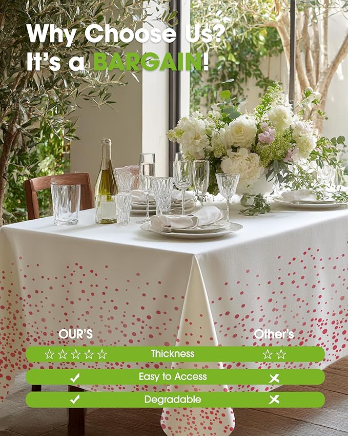 Pureegg Plastic Table Cloth Disposable 8 Pack, 54 x 108 Inch Table Cloths, Graduation Decorations of 2025, Graduation Tablecloths, Rectangle, Plastic Cover, Leakproof & Sturdy, White and Rose Gold