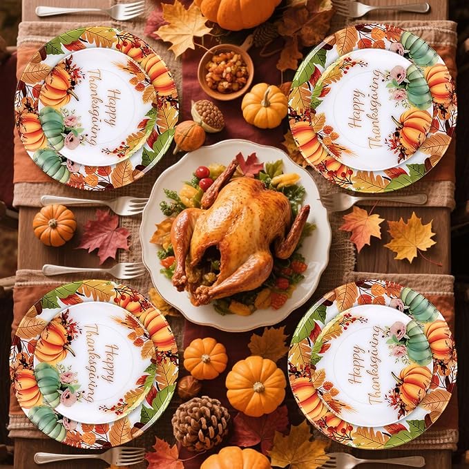 60PCS Thanksgiving Plastic Plates - Heavy Duty Fall Plastic Plate - Fancy Pumpkin Disposable Plates Include 30 Dinner & 30 Dessert Plate for Autumn Friendsgiving Harvest Party Decor