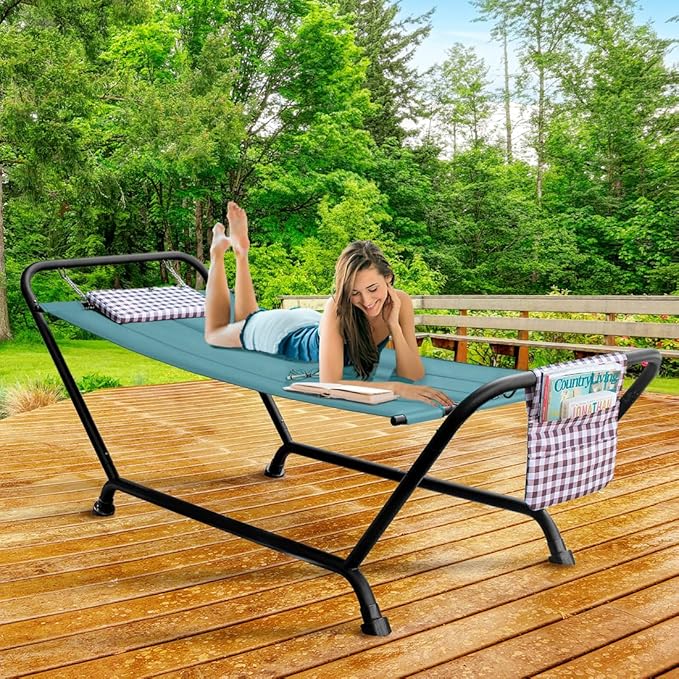 Sorbus Cozy Hammock Bed- Patio Hammock with Stand w/Pillow and Storage Pockets- Heavy Duty 500lbs Support- Durable Outdoor Hammock- For Patio, Garden, Backyard, Poolside- Weather Resistant Outdoor Bed