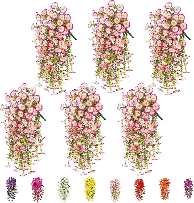 6-Pack Outdoor Faux Plants, 69-Flowered Large Morning Glory, Uv-Resistant Artificial Morning Glory,Perfect for Outdoor Decoration in All Seasons Such as Porches and Gardens (Light Pink)