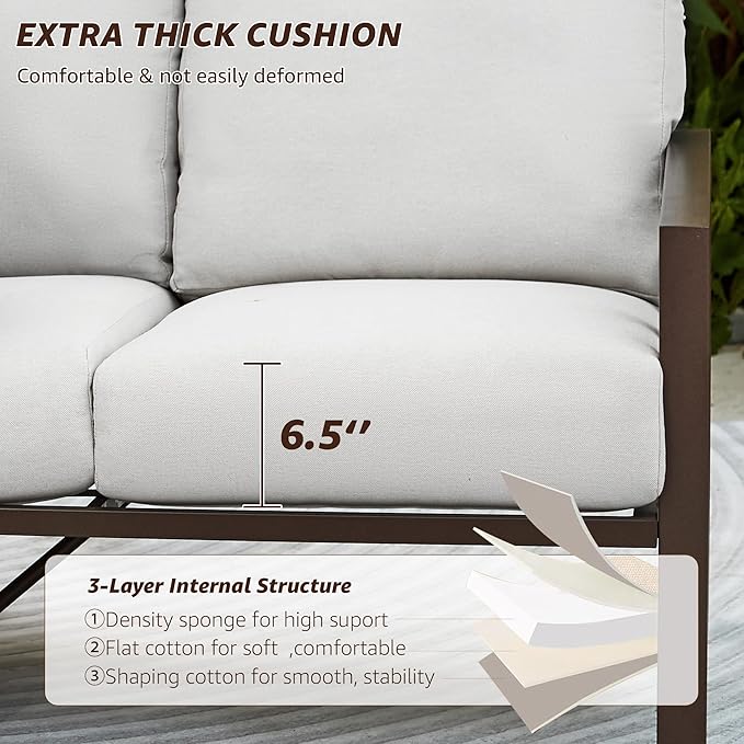 NATURAL EXPRESSIONS 5 Pieces Patio Furniture Set,Outdoor Furniture Sectional Sofa Modern Patio Set for 7 with Deep Seating,High Back Backrest,3 Seater Sofa,Loveseat,2 Fixed Chairs,Metal Table,Beige