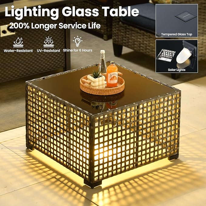 ovios 7 Pieces Patio Furniture Set, Outdoor Wicker Sofa Couch with Swivel Chairs Solar Lights Table, All Weather High Back Modern Conversation Sets, Grey Rattan, Denim Blue